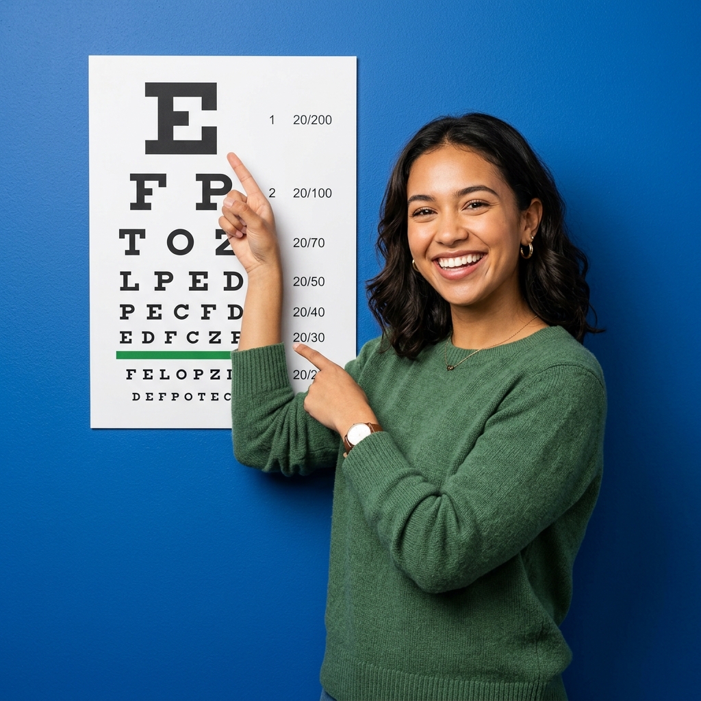 Mulher jovem apontando para quadro de exame de vista